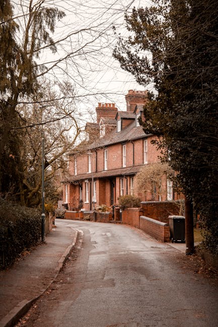 A quiet residential street featuring a narrow, slightly curved asphalt road lined with mature trees and brick boundary walls. In the background, a traditional three-storey red brick house with chimney stacks and sash windows is visible, surrounded by a front garden with shrubs and plants. On the left side, a lamppost stands near the pavement, while on the right side, a black wheelie bin is positioned beside the boundary wall. The scene appears to be late autumn or early winter, with bare tree branches and subdued lighting. This image exemplifies a typical setting for house removals in East Dulwich, with [COMPANY_NAME] often assisting with home relocation, furniture transport, and packing processes to facilitate a smooth move for clients, as highlighted in the East Dulwich house removals guide for Lordship Lane, DULWICH.