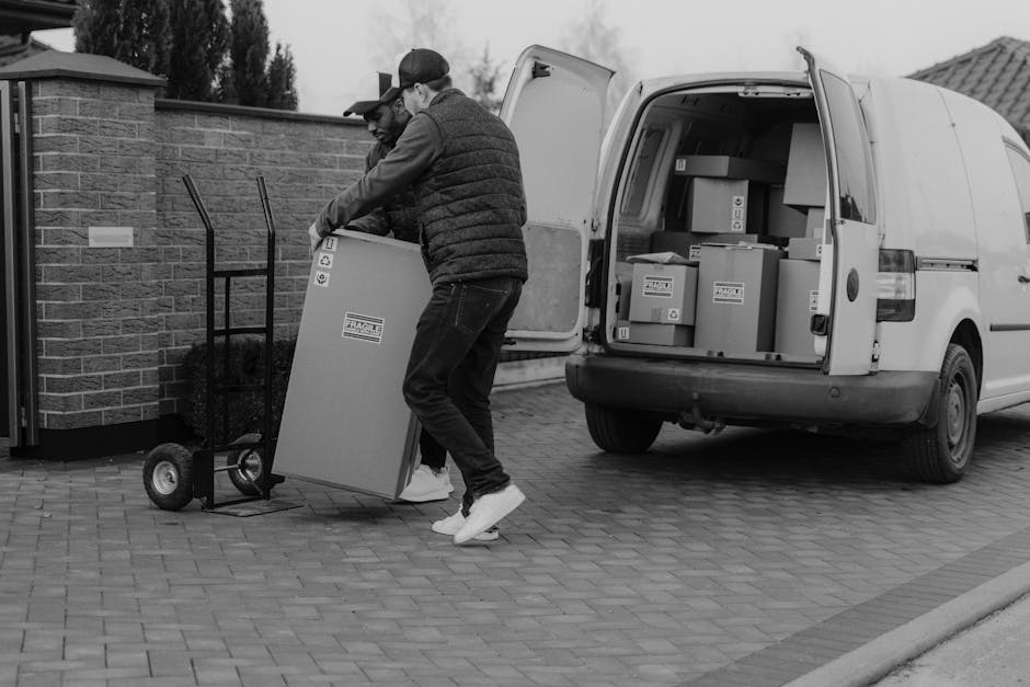 Two movers from Removal Companies Dulwich are loading cardboard boxes and large household items onto a white van parked on a paved driveway during a home relocation process in West Dulwich. One mover is wearing a baseball cap, while the other has a beanie, and both are dressed in dark casual clothing suitable for manual handling. They are carefully lifting a sizeable box wrapped in plastic from a flat trolley with two wheels, positioned beside the van. The van's rear doors are open, revealing additional boxes and packaging materials inside, arranged on the vehicle's floor to facilitate efficient furniture transport and packing during the move. The surrounding environment includes a brick boundary wall and a residential area with trees visible in the background. This scene captures the loading process characteristic of professional removals, with appropriate equipment such as trolleys and blankets indicating a methodical approach to house removals in the West Dulwich area.